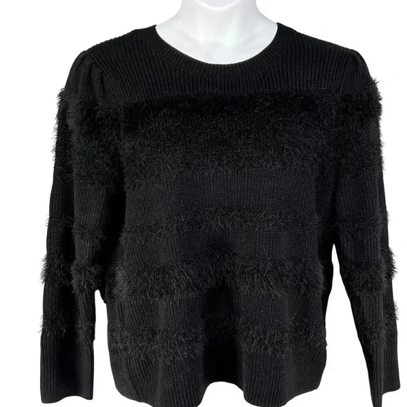 Calvin Klein Womens L Black Fuzzy Textured Knit Sweater Soft Faux Fur Crew Neck - Picture 5 of 16